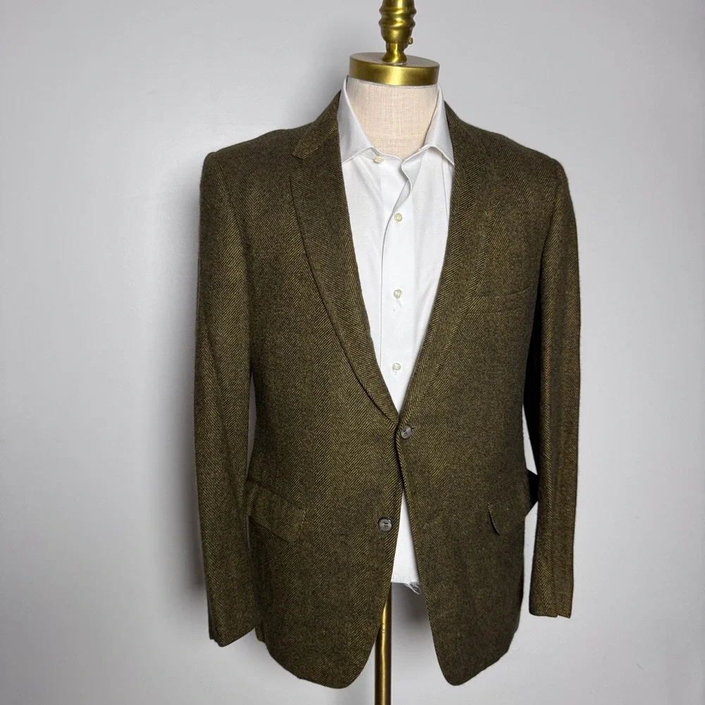 Vintage 1970s Herringbone Wool Blazer Mens 38R Mustard Brown Sport Coat Academic